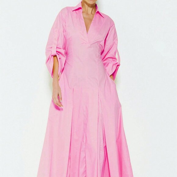 Dresses & Skirts - Pink Elegant Women's V-Neck Long Sleeve Maxi Dress with Flared Hem